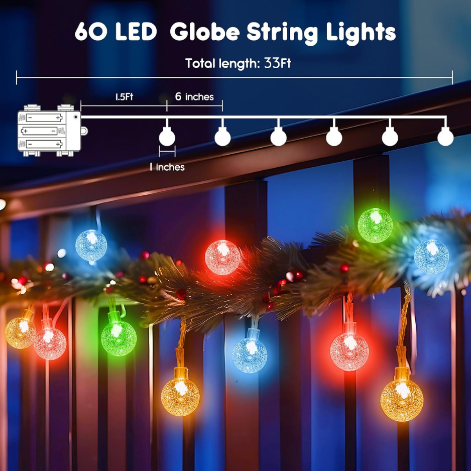 Multicolor Globe String Lights 33 ft 60 LED with Remote, Bat - view 5