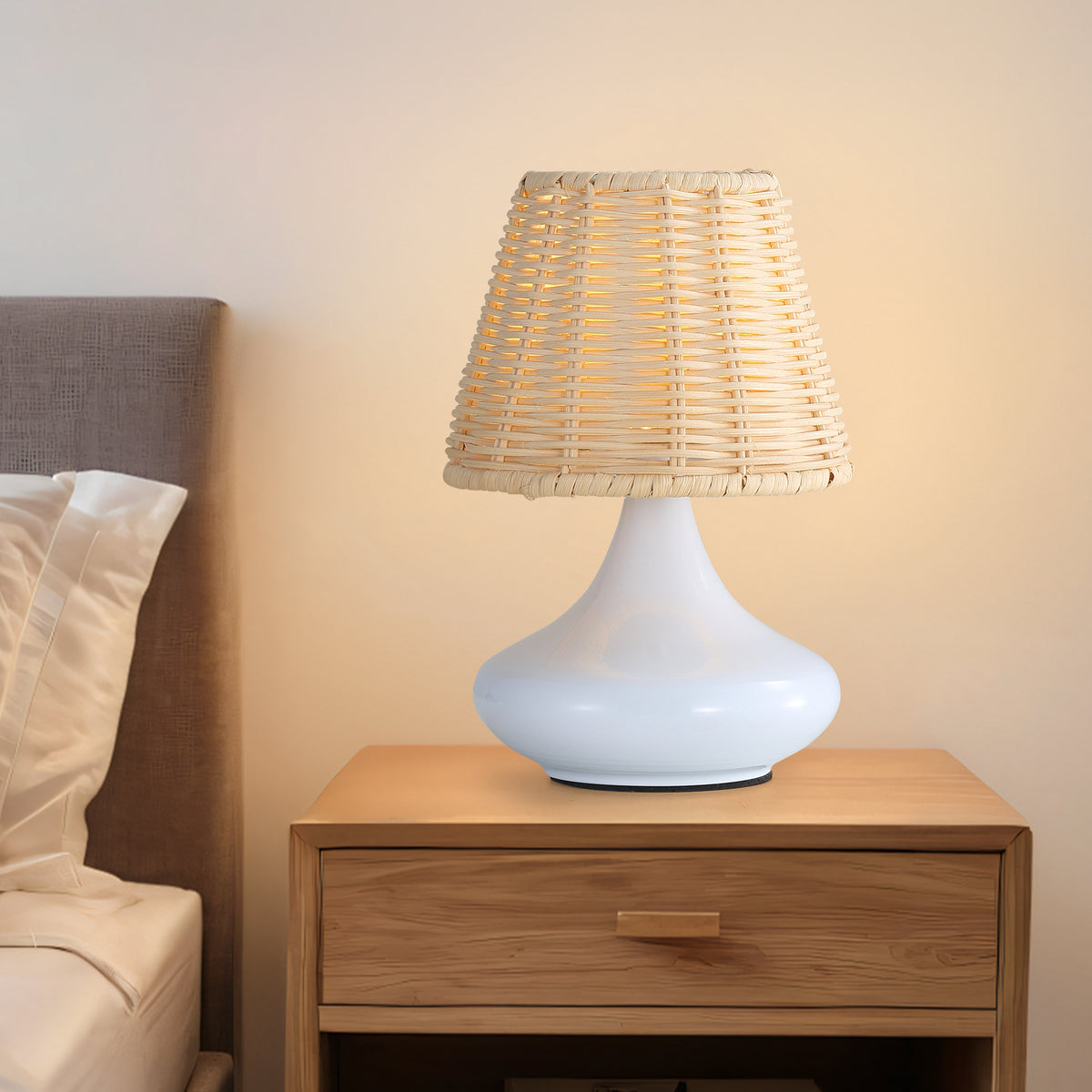 Woven Bamboo Table Lamp, Dimmable Boho Desk Lamp with Iron B - view 3