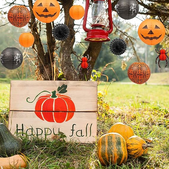 Halloween Paper Lanterns 12-Pack, Jack-o-Lantern, Spider and - view 6
