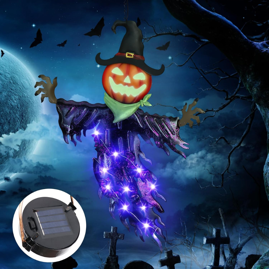 Solar Hanging Pumpkin Lantern with Glowing Eyes, Purple Meta - view 7