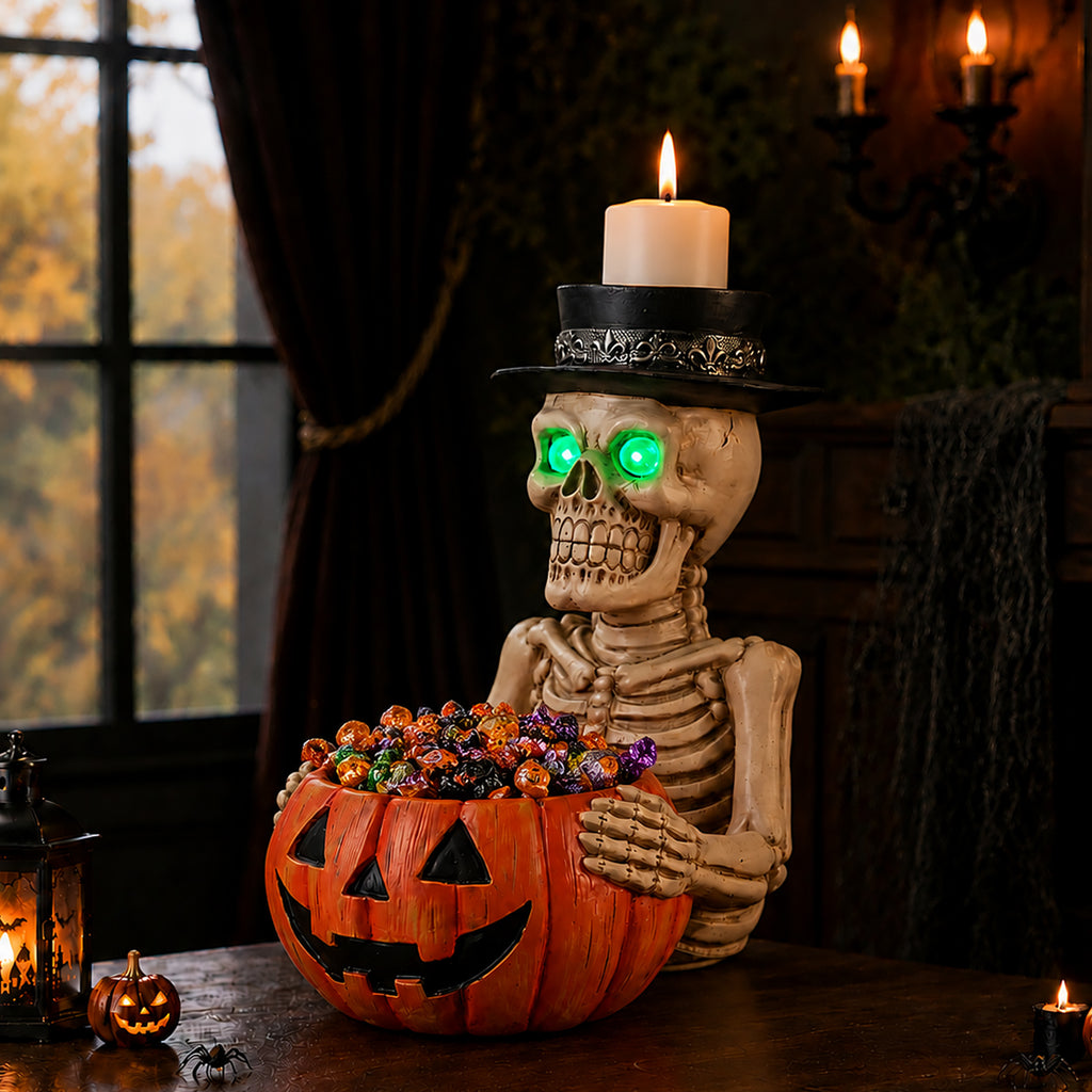 Light-Up Skeleton Figurine with Pumpkin Candy Bowl and Candl - view 7