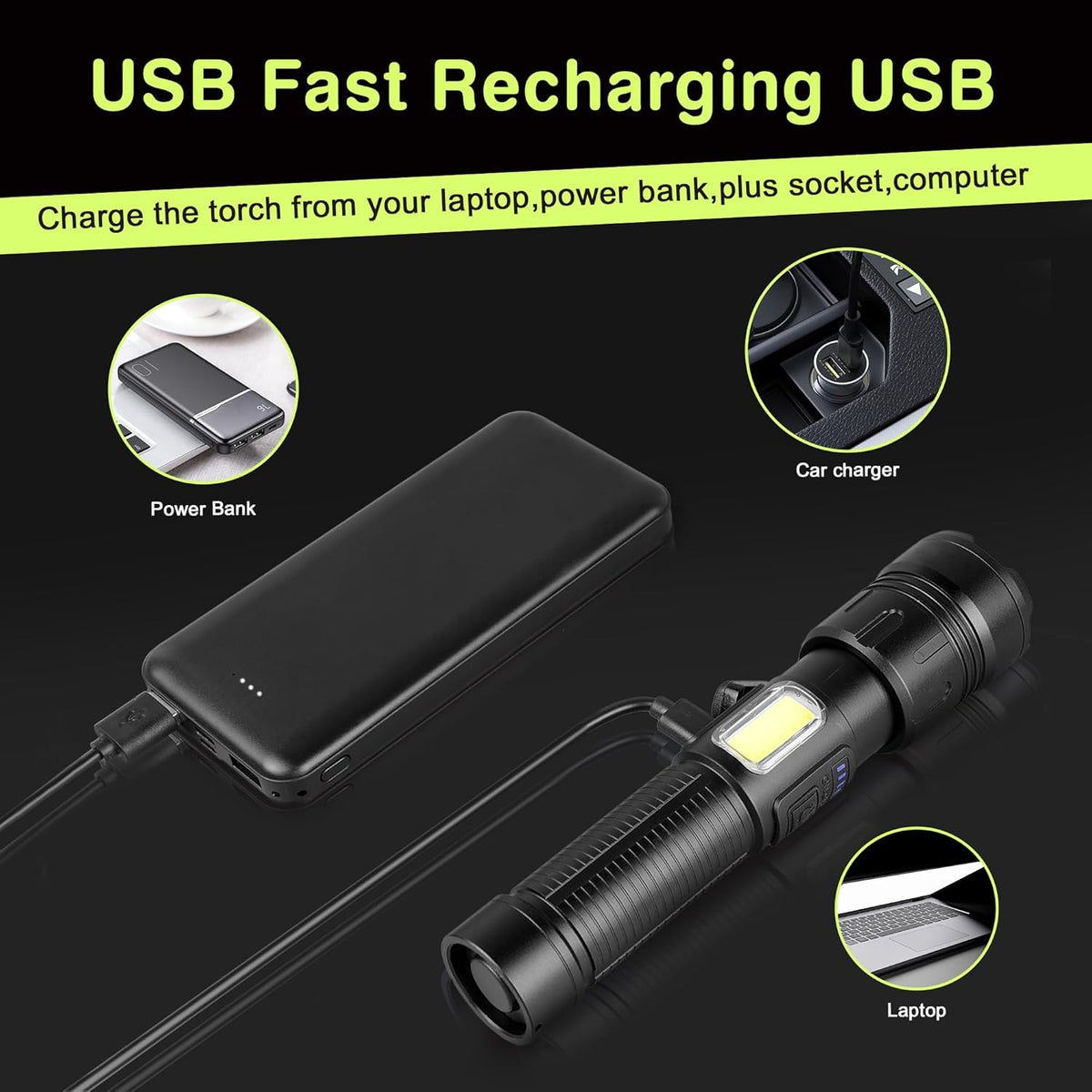 Zoomable Rechargeable LED Flashlight, 4 Modes, USB Charging, - view 2
