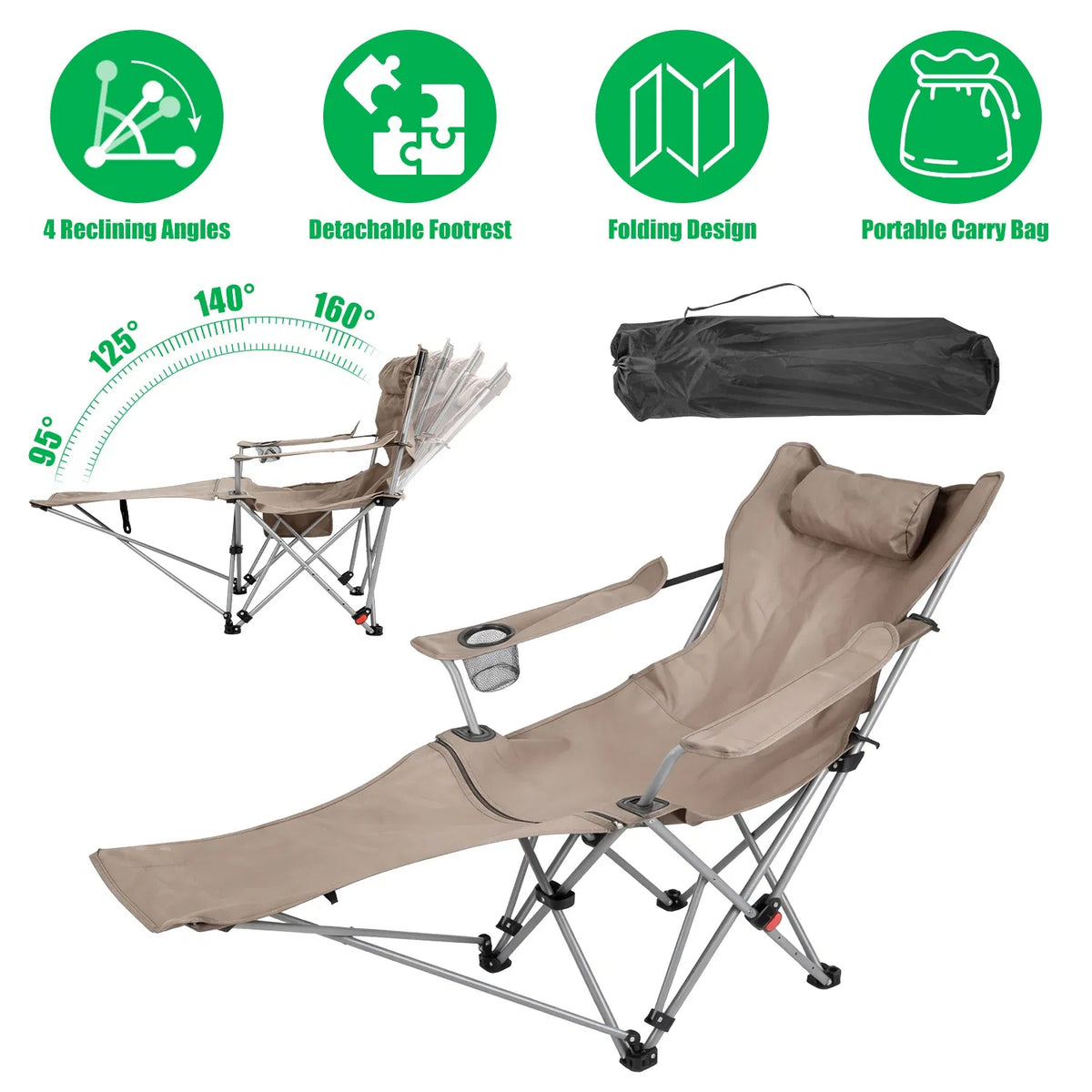 Reclining Camping Chair with Detachable Footrest, 4-Position - view 1