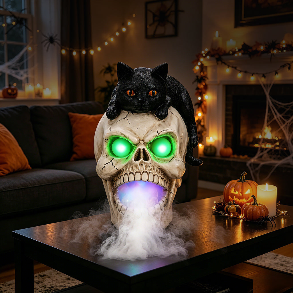 Black Cat Skull Statue with LED Light and Fog Mist Effect, H - view 1