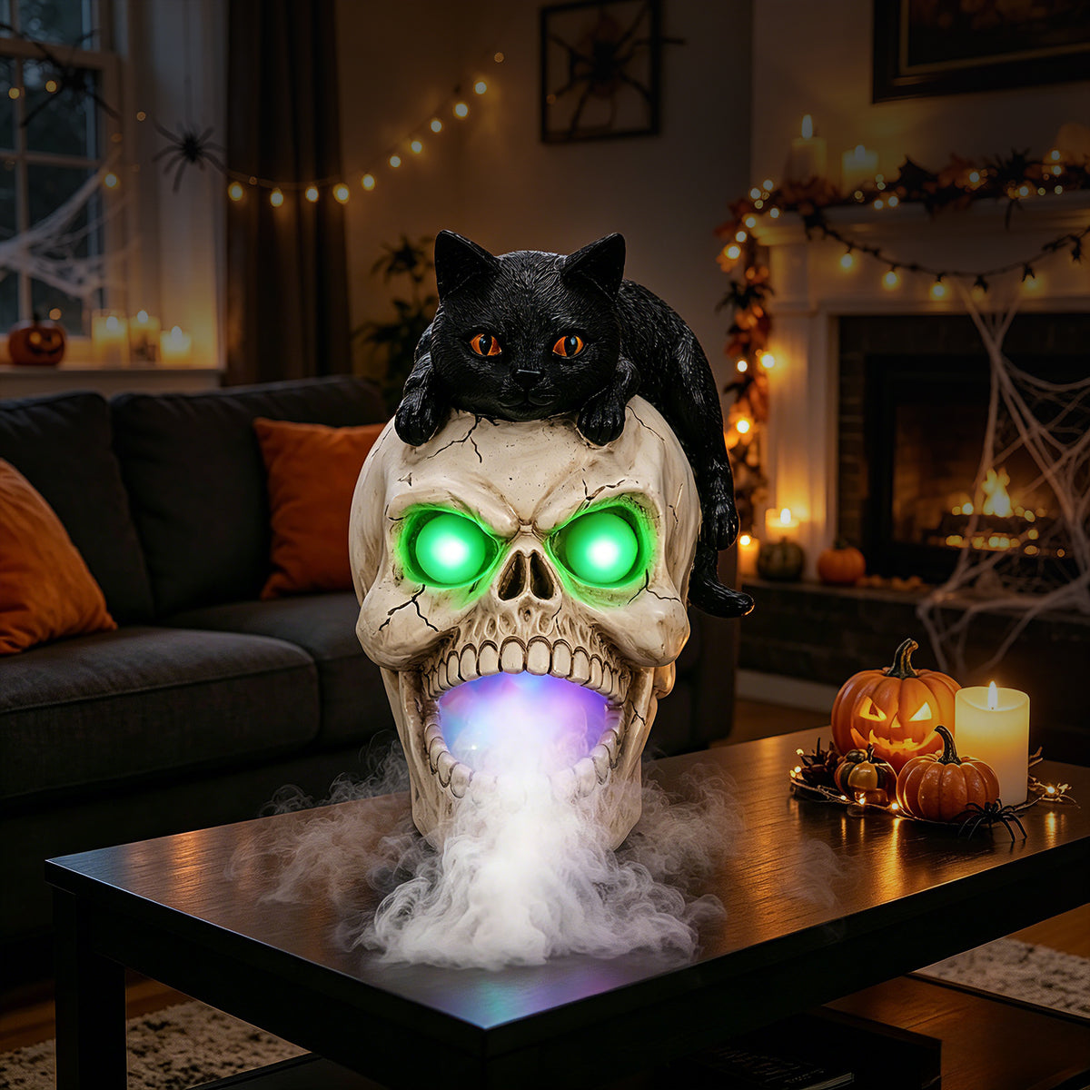 Black Cat Skull Statue with LED Light and Fog Mist Effect, H - view 1