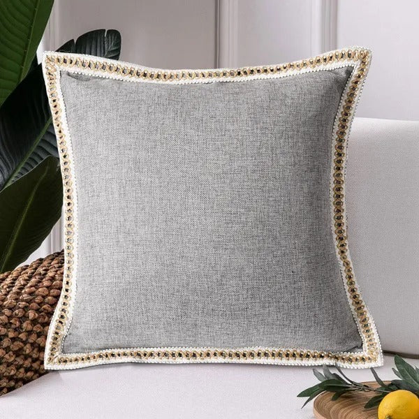 Linen Throw Pillow Covers 20x20 Set of 2, Burlap Trim Farmho - view 4