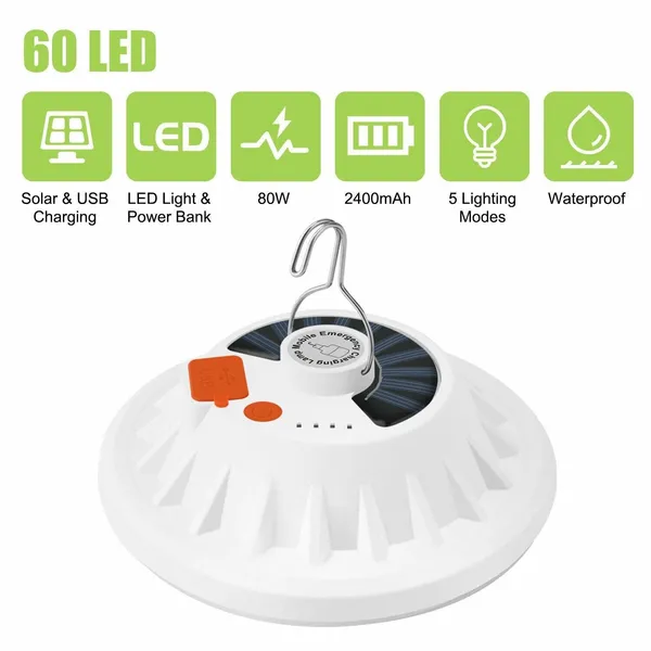 60 LED Solar Camping Lantern, USB Rechargeable Tent Light wi - view 5