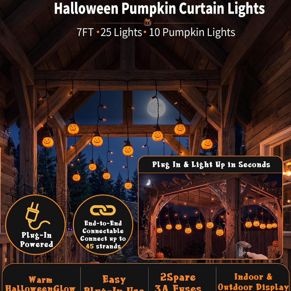 Pumpkin Curtain String Lights 25 LED, Plug-In Halloween Wind - view 1