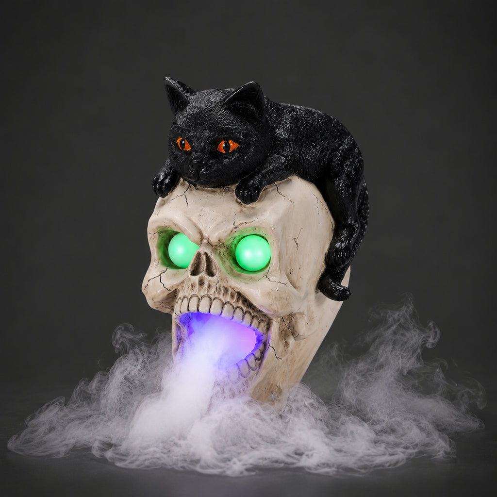 Black Cat Skull Statue with LED Light and Fog Mist Effect, H - view 5