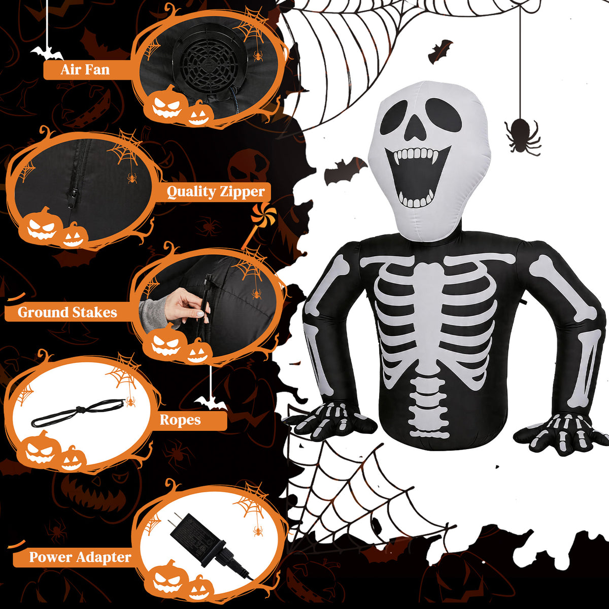 6 ft Inflatable Half Skull with 3 LED Lights, Black and Whit - view 7