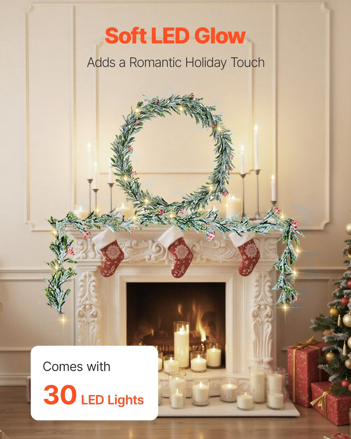 Lighted Olive Leaf Christmas Garland 9 ft with Red Berries,  - view 5