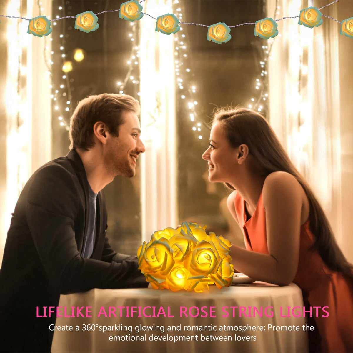 Rose Flower String Lights 2-Pack, 10 ft 20 LED Each, Battery - view 1
