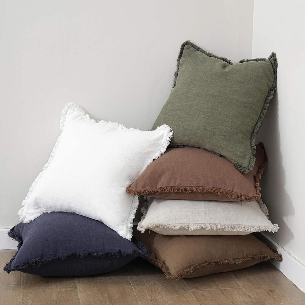 Linen Fringe Throw Pillow Cover 18x18 in, Olive Green Accent - view 5