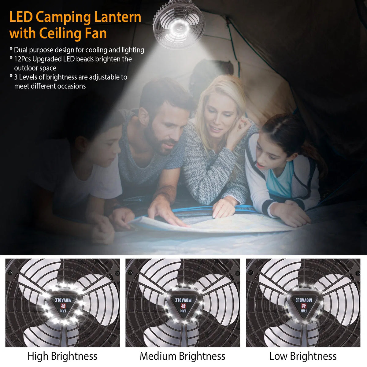 Rechargeable Camping Fan with LED Light, 10400mAh, Foldable  - view 3