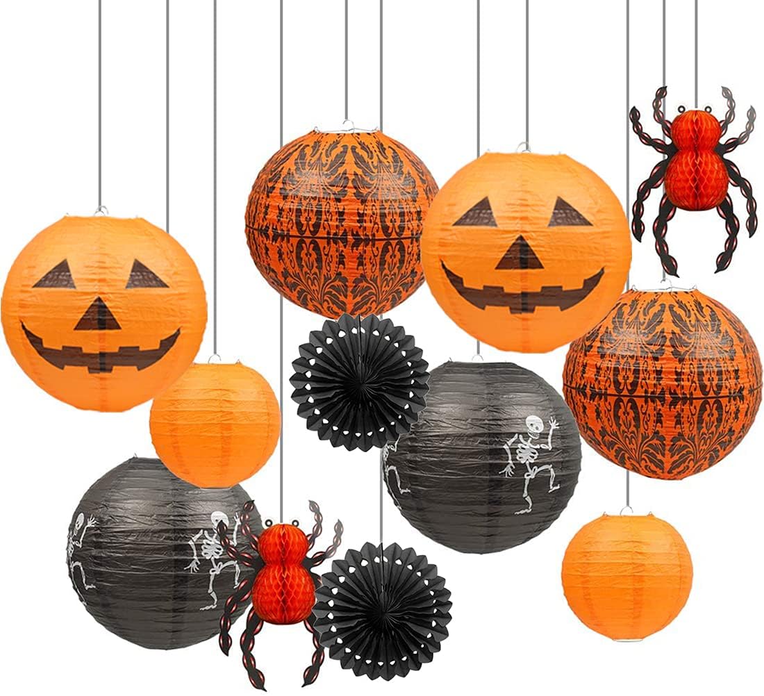 Halloween Paper Lanterns 12-Pack, Jack-o-Lantern, Spider and - view 2