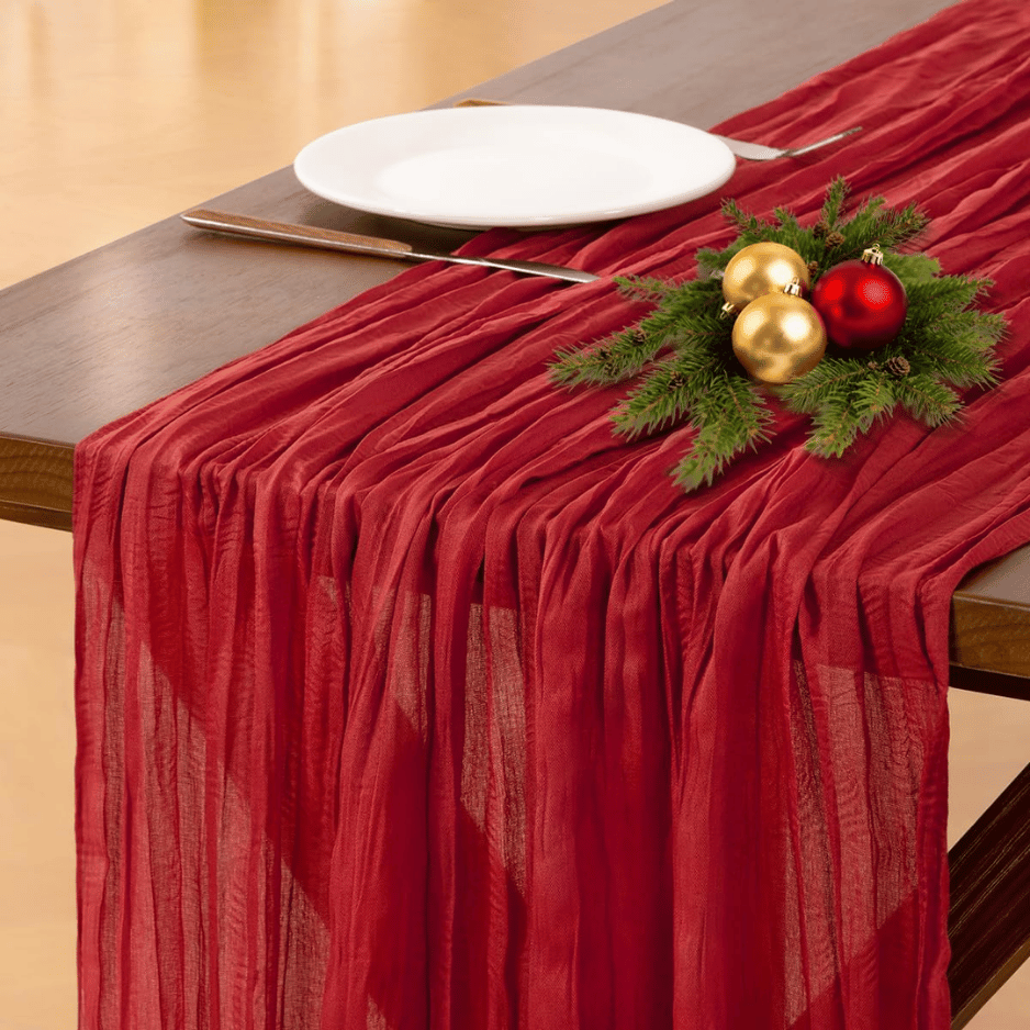 Boho Fall Table Runner, Rust Red Farmhouse Dining Table Deco - view 3