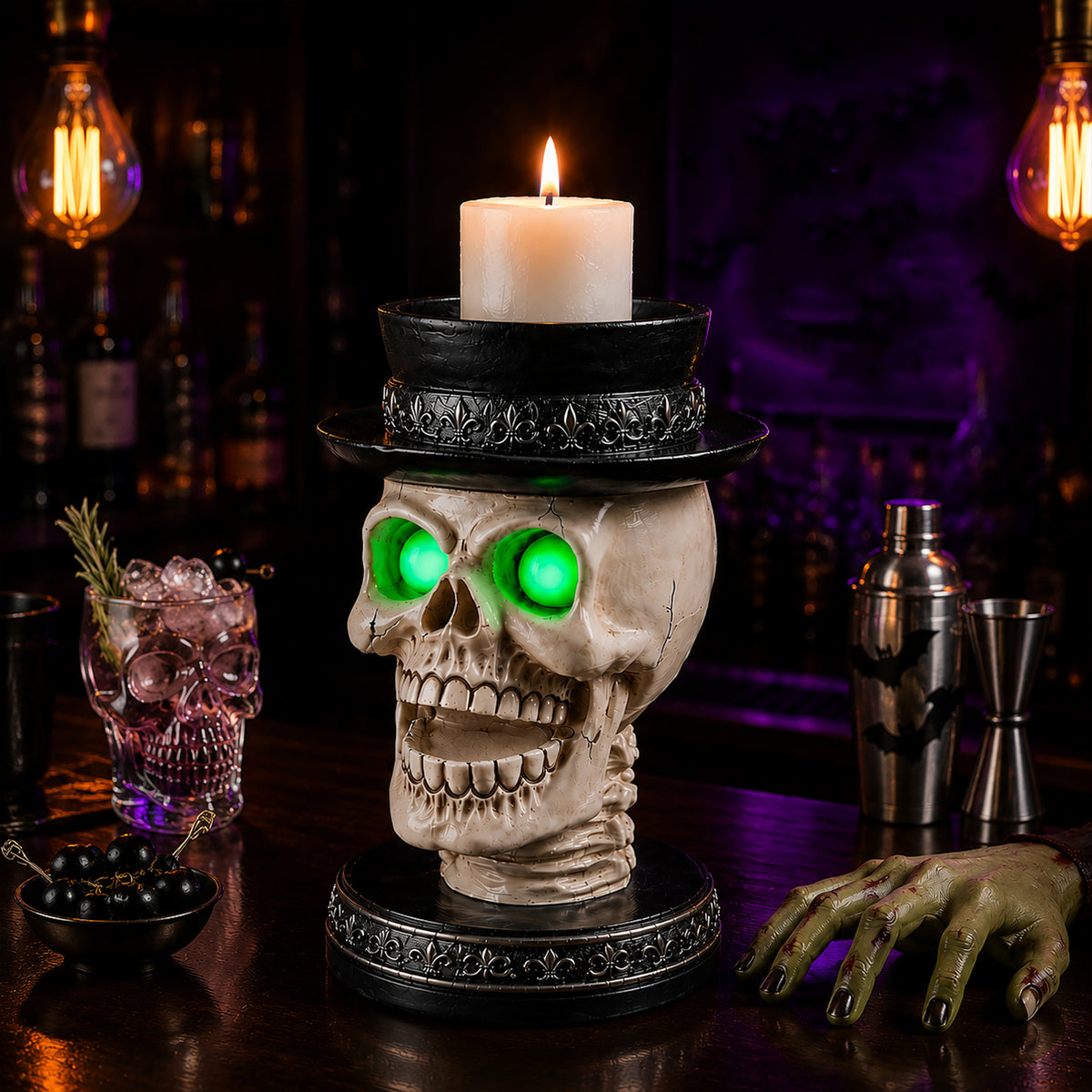 Skull Candle Holder with Glowing Green Eyes, Gothic Hallowee - view 1