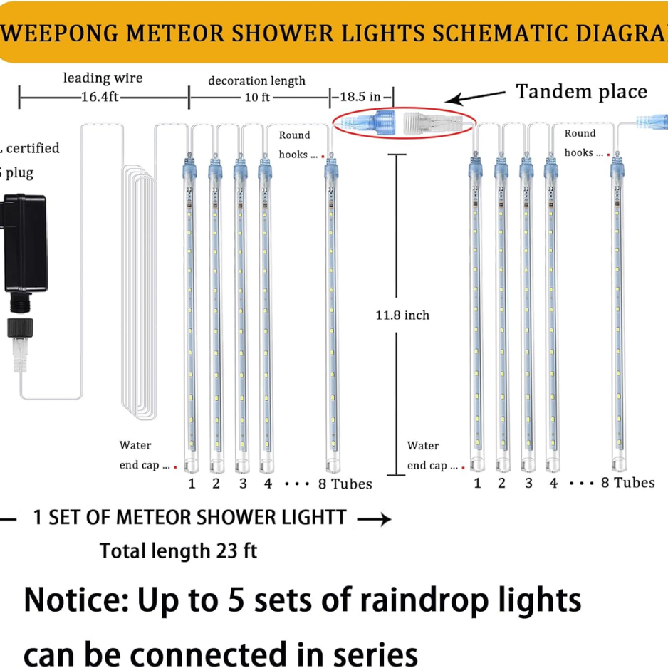 Meteor Shower Lights 8 Tubes, Falling Rain LED Lights for Ha - view 5