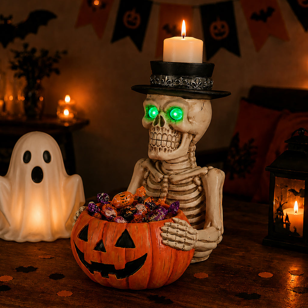 Light-Up Skeleton Figurine with Pumpkin Candy Bowl and Candl - view 8