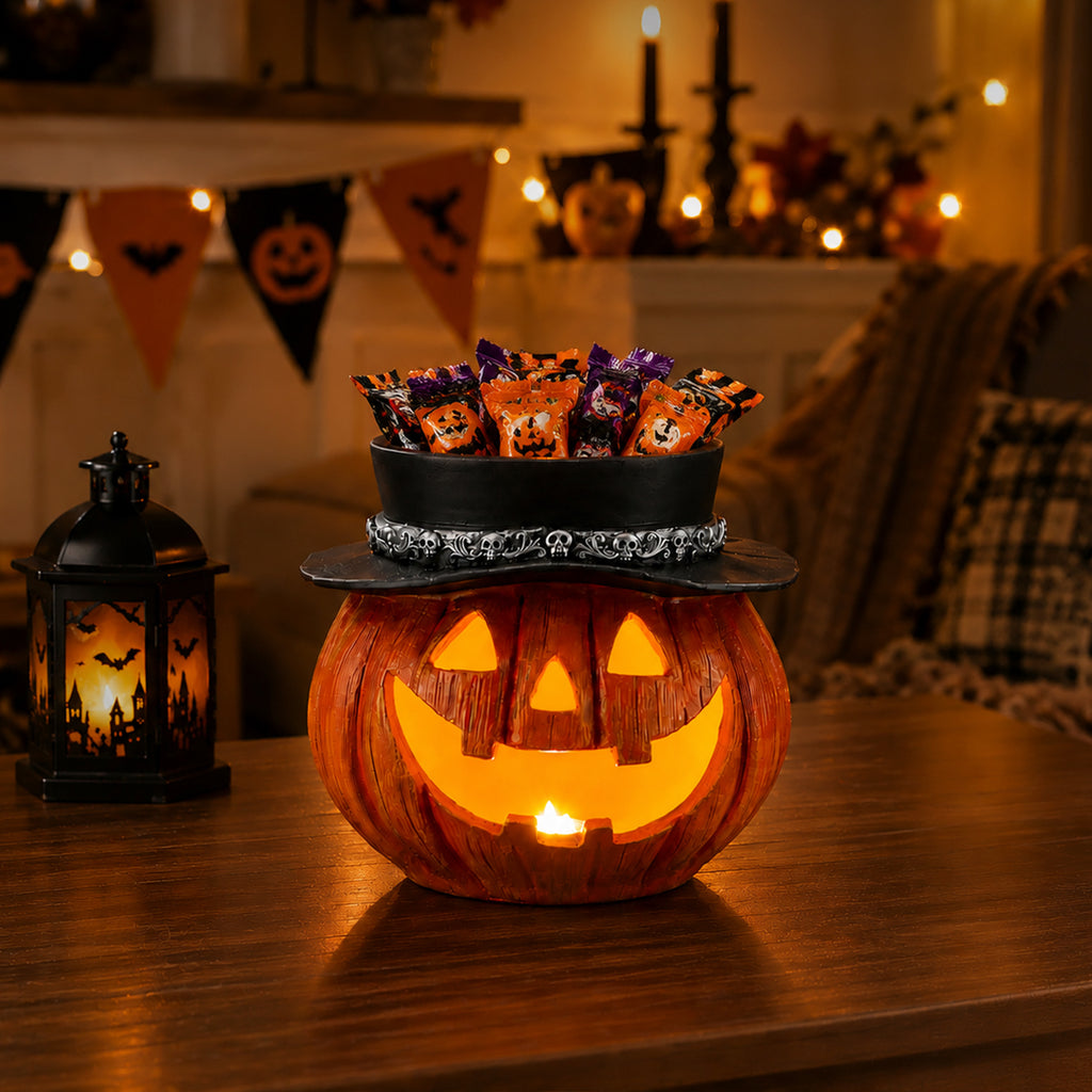 Light-Up Pumpkin Candy Bowl with Witch Hat, Halloween Tablet - view 4