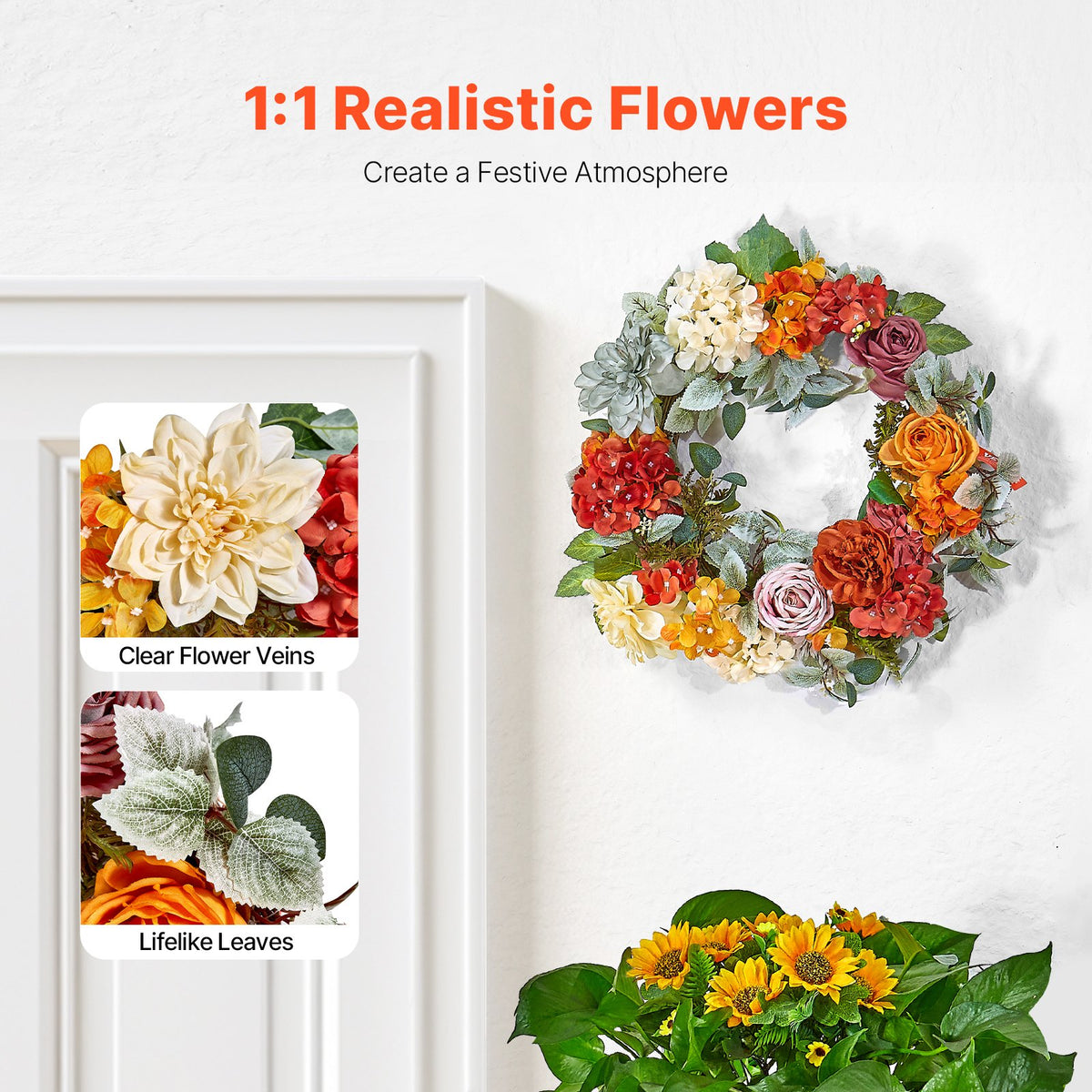 Hydrangea and Rose Wreath 24 in, Red, Orange and Yellow Fron - view 6