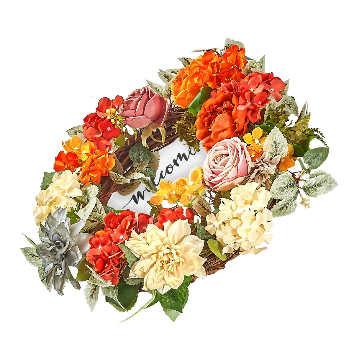 Hydrangea and Rose Wreath 24 in, Red, Orange and Yellow Fron - view 7