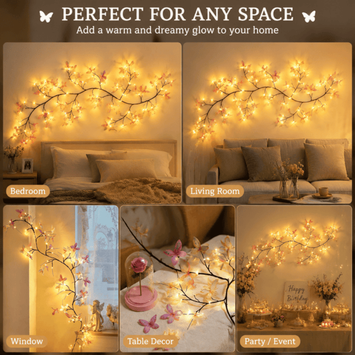 Lighted Butterfly Branch Wall Lights with Remote, Warm White - view 3