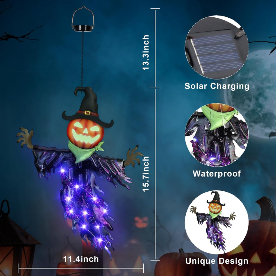 Solar Hanging Pumpkin Lantern with Glowing Eyes, Purple Meta - view 5