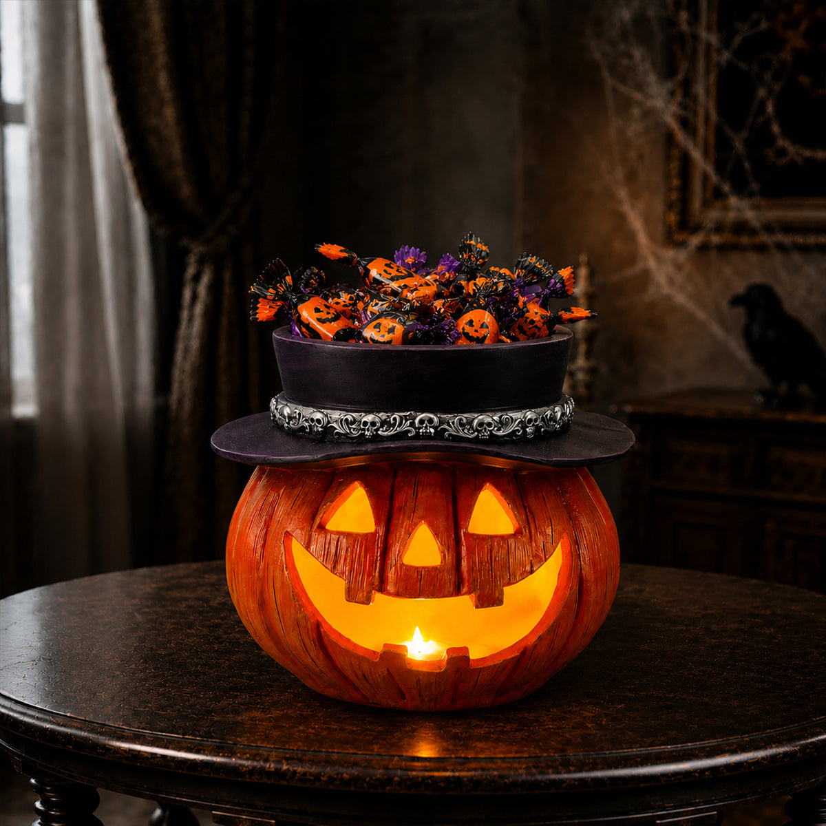Light-Up Pumpkin Candy Bowl with Witch Hat, Halloween Tablet - view 6