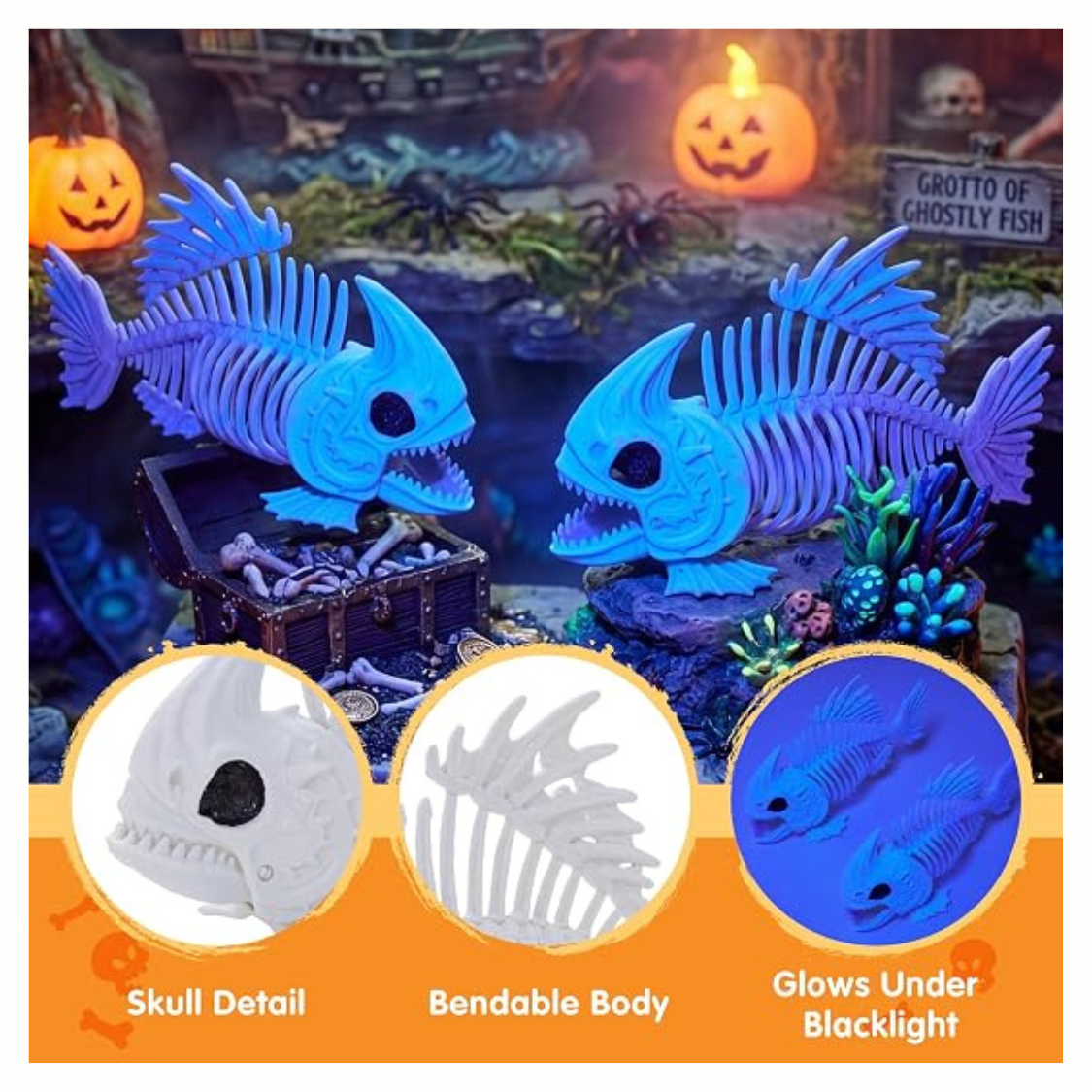 Glow-in-the-Dark Fish Skeleton Decorations 2-Pack, 9.5 in Ha - view 2