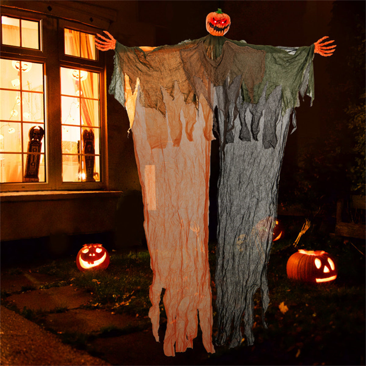 6 ft Hanging Pumpkin Ghost with Red LED Eyes and Poseable Ar - view 4