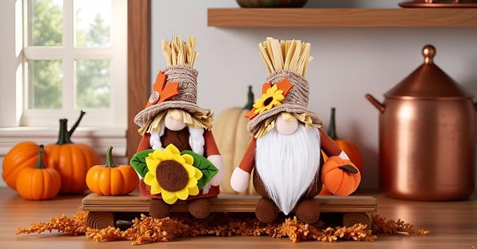 Plush Fall Gnomes 2-Pack with Pumpkin and Maple Leaves, Autu - view 2