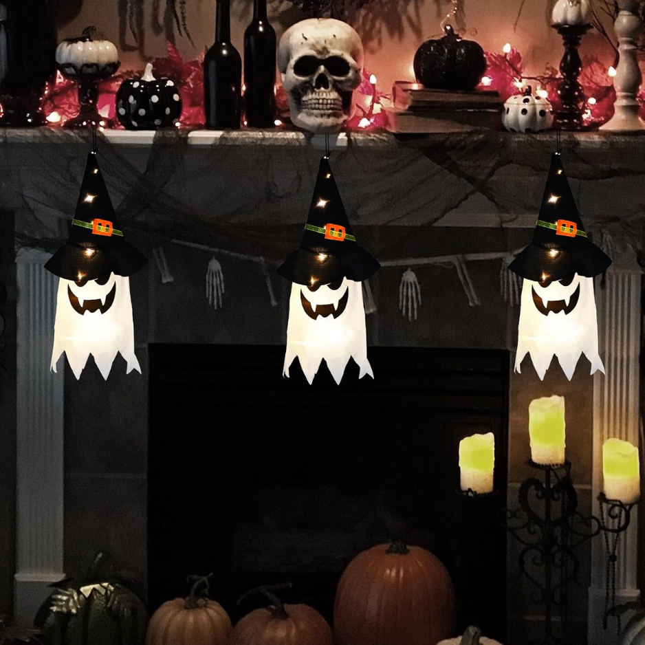 Glowing Hanging Ghosts with Witch Hats 3-Pack, Lighted Hallo - view 2