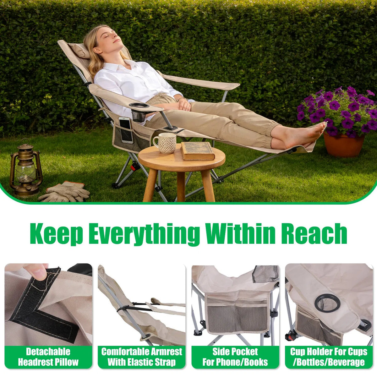 Reclining Camping Chair with Detachable Footrest, 4-Position - view 6
