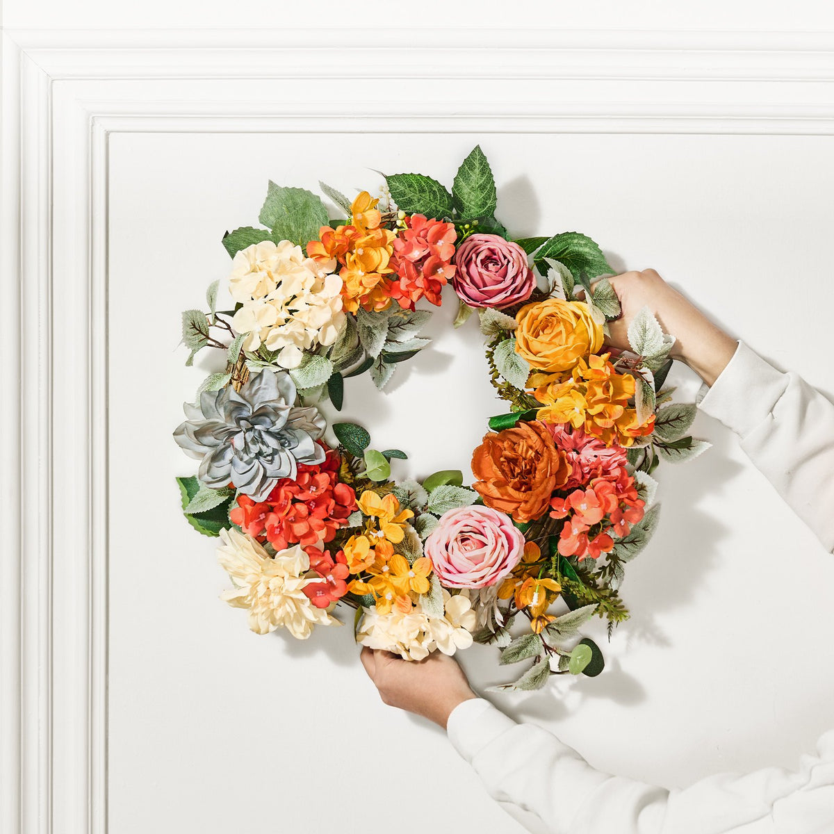 Hydrangea and Rose Wreath 24 in, Red, Orange and Yellow Fron - view 1