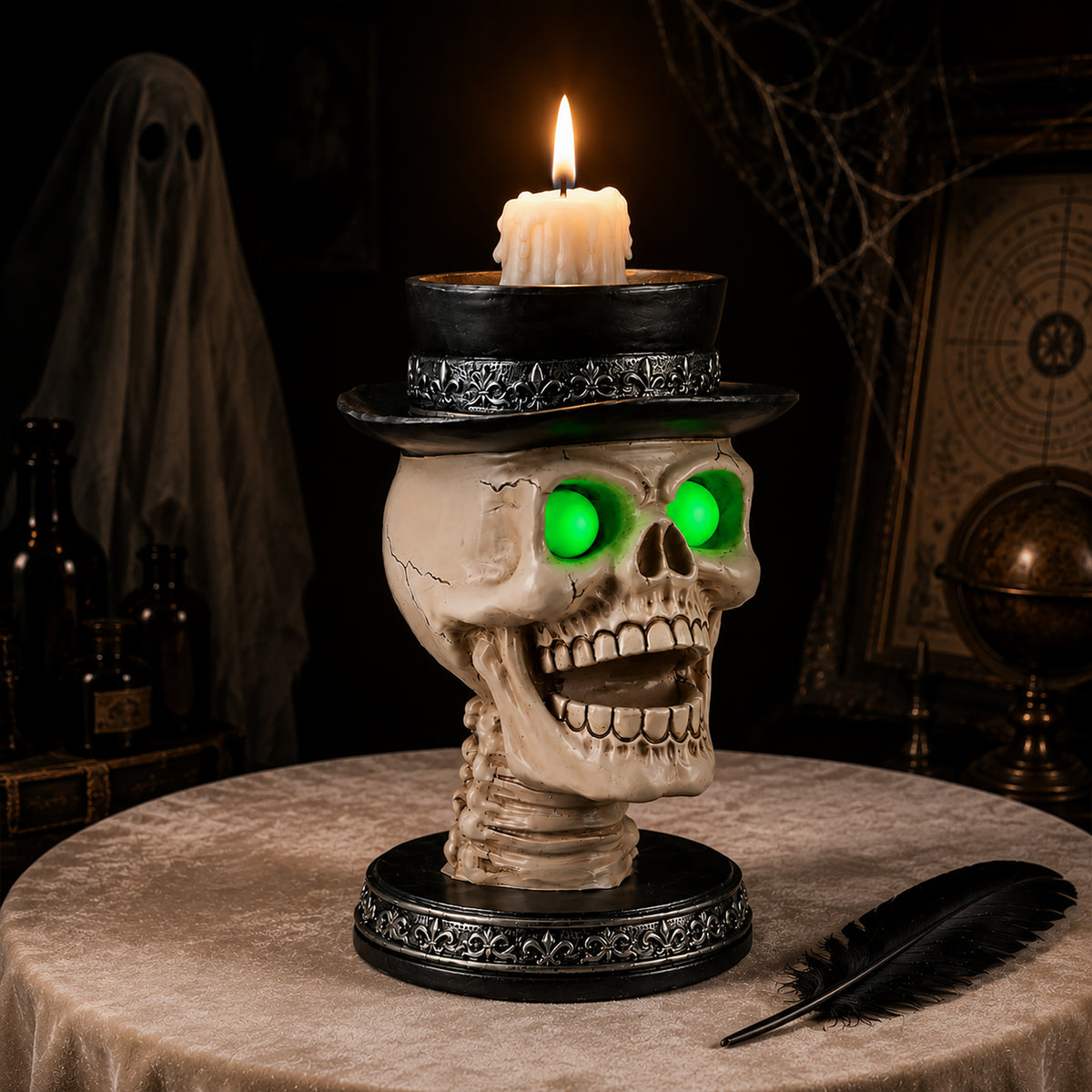 Skull Candle Holder with Glowing Green Eyes, Gothic Hallowee - view 8