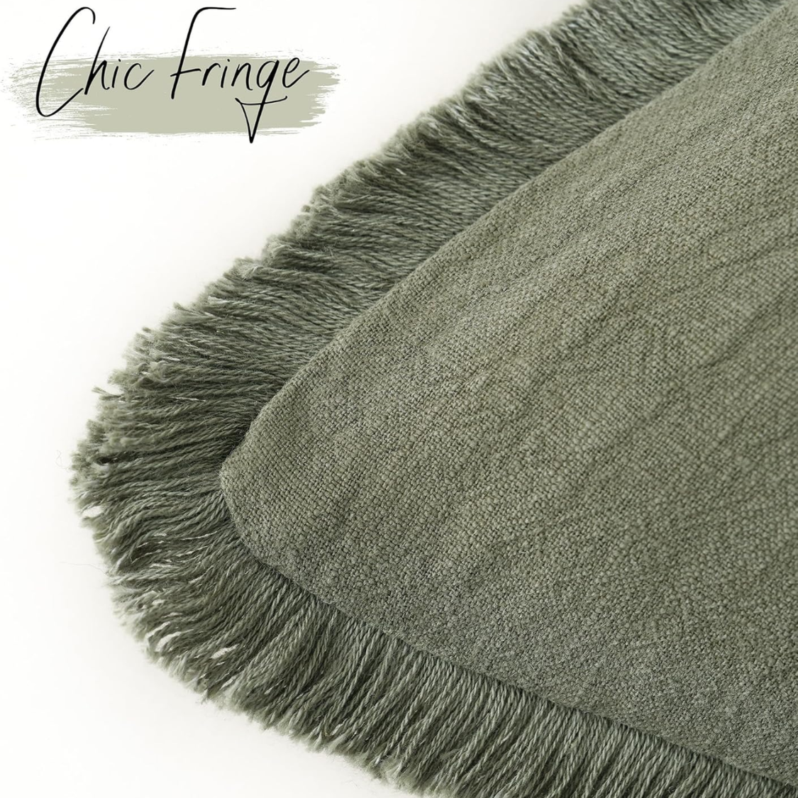 Linen Fringe Throw Pillow Cover 18x18 in, Olive Green Accent - view 1