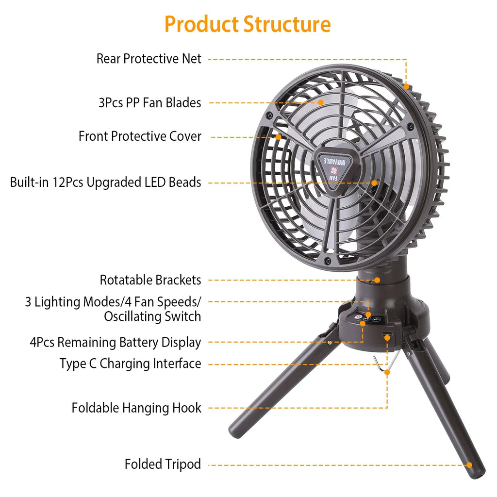 Rechargeable Camping Fan with LED Light, 10400mAh, Foldable  - view 2
