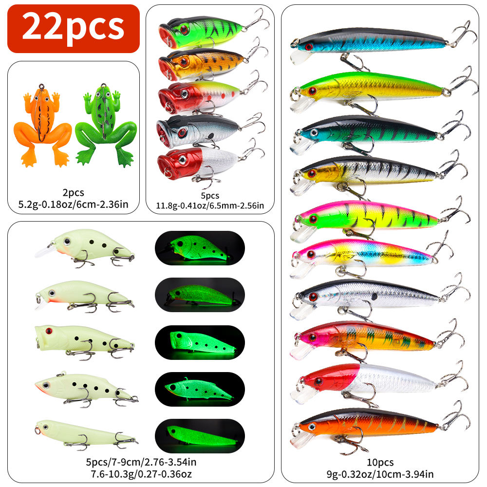22-Piece Fishing Lure Kit: Frogs, Poppers, Minnows and Glow  - view 4