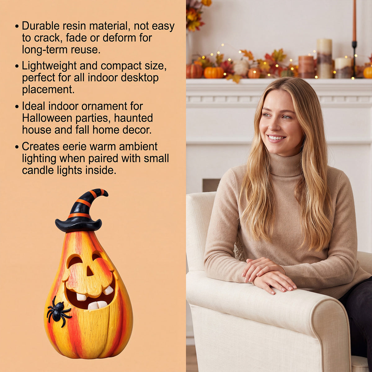 Light-Up Resin Pumpkin with Witch Hat and Spider, Halloween  - view 5