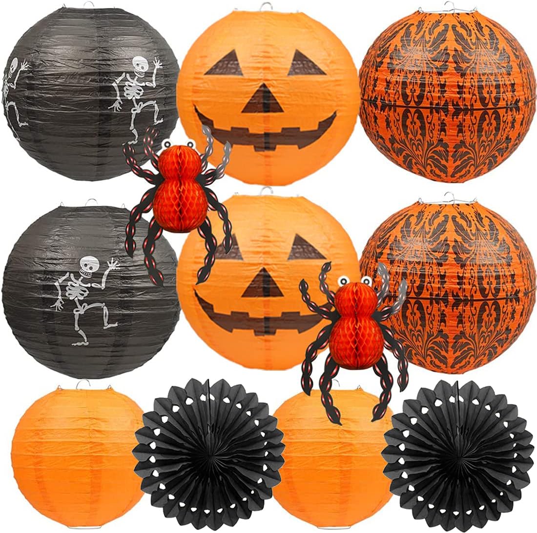 Halloween Paper Lanterns 12-Pack, Jack-o-Lantern, Spider and - view 1