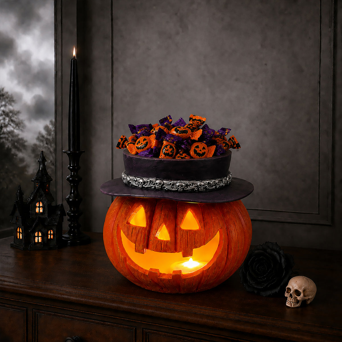 Light-Up Pumpkin Candy Bowl with Witch Hat, Halloween Tablet - view 8