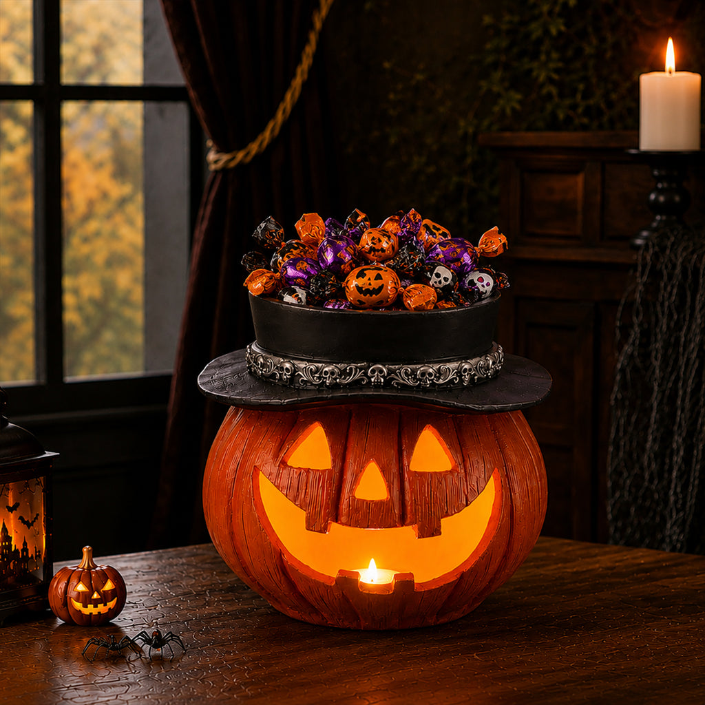 Light-Up Pumpkin Candy Bowl with Witch Hat, Halloween Tablet - view 3