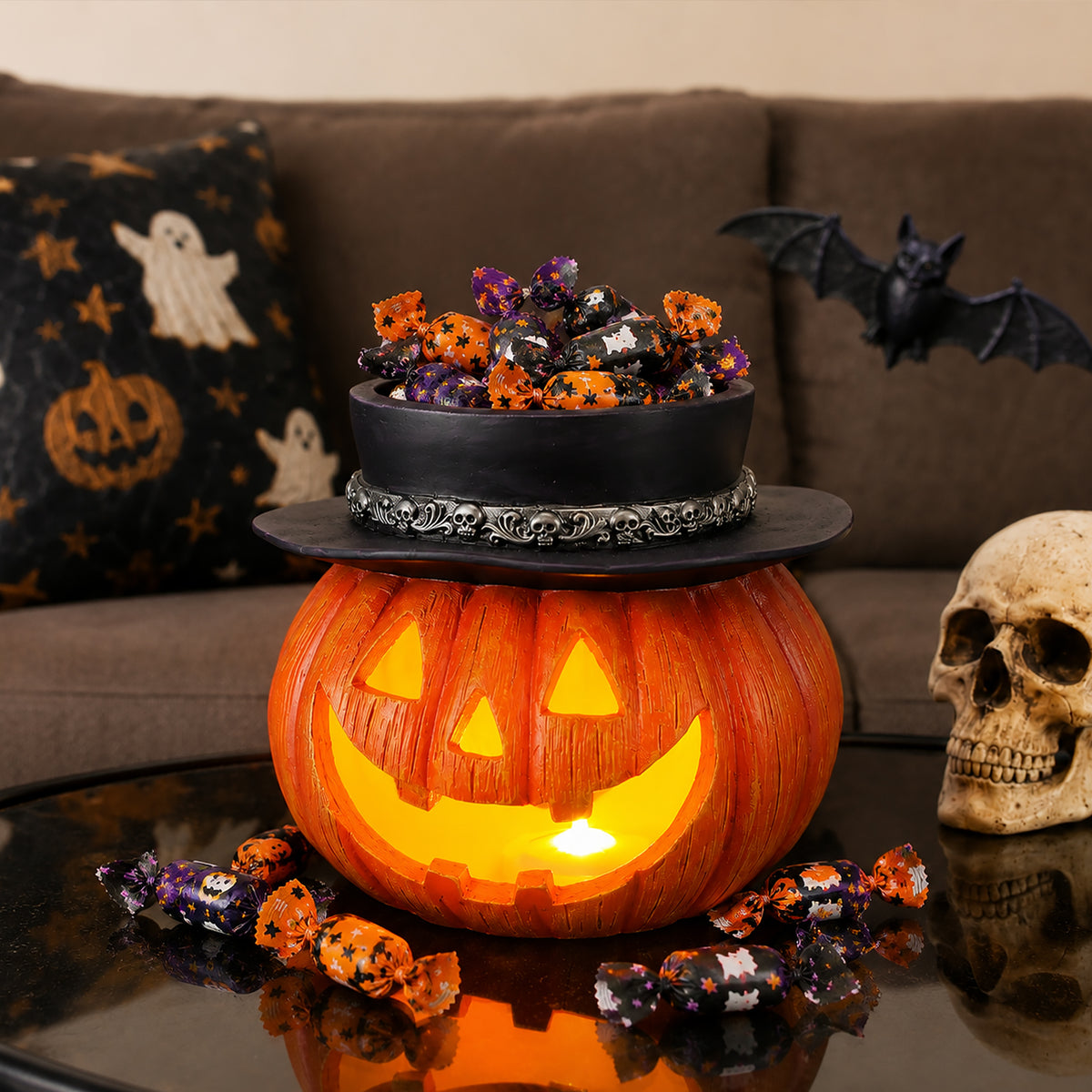 Light-Up Pumpkin Candy Bowl with Witch Hat, Halloween Tablet - view 5