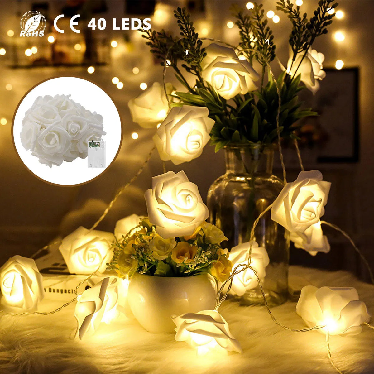 Rose Flower String Lights 2-Pack, 10 ft 20 LED Each, Battery - view 5