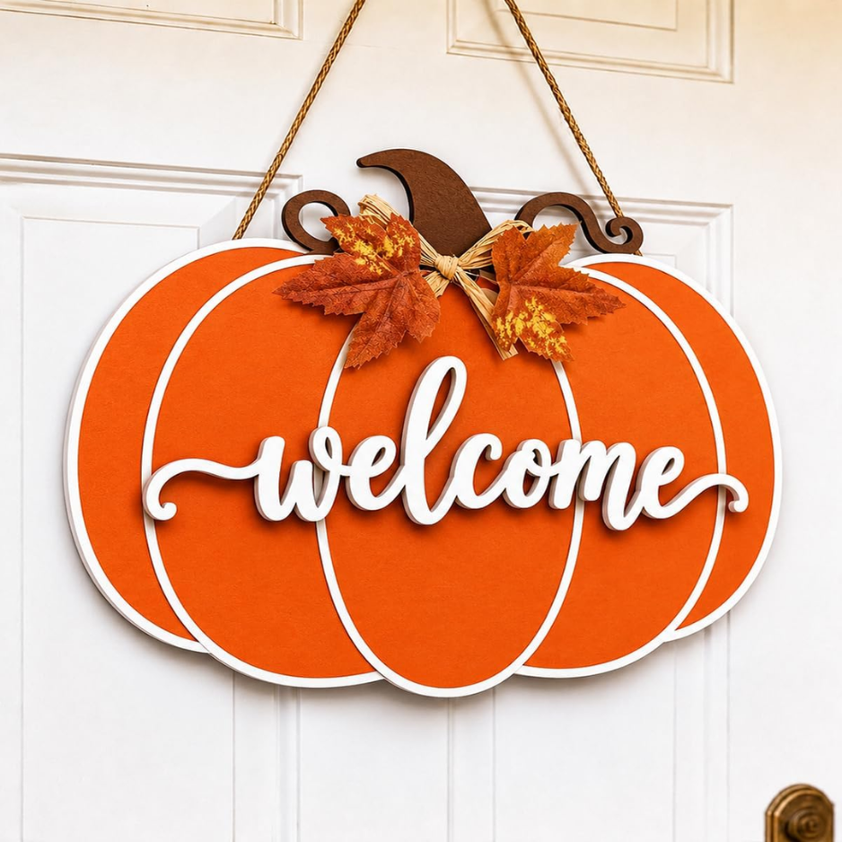 Wooden Pumpkin Door Hanger, Fall Welcome Sign for Front Door - view 4
