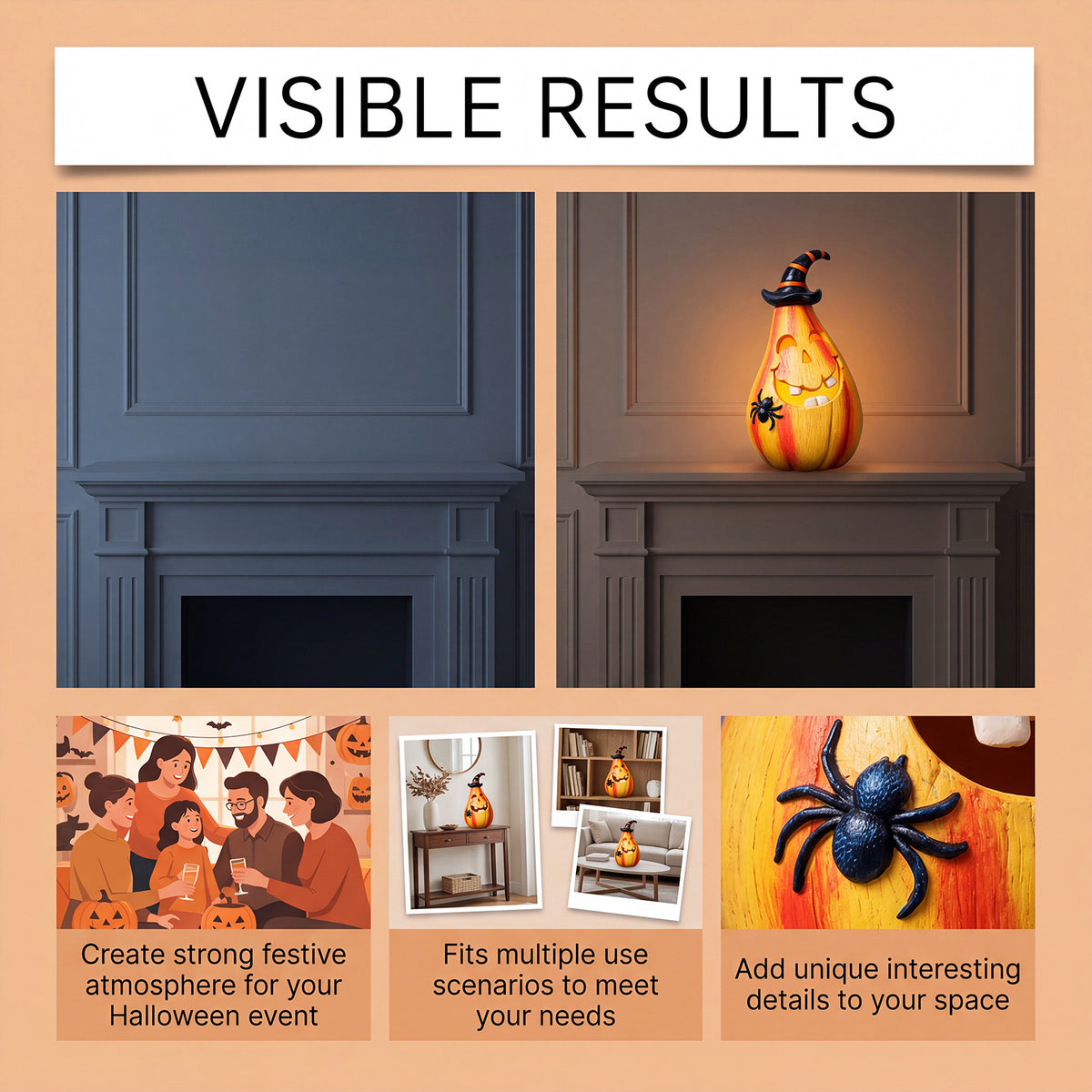 Light-Up Resin Pumpkin with Witch Hat and Spider, Halloween  - view 3