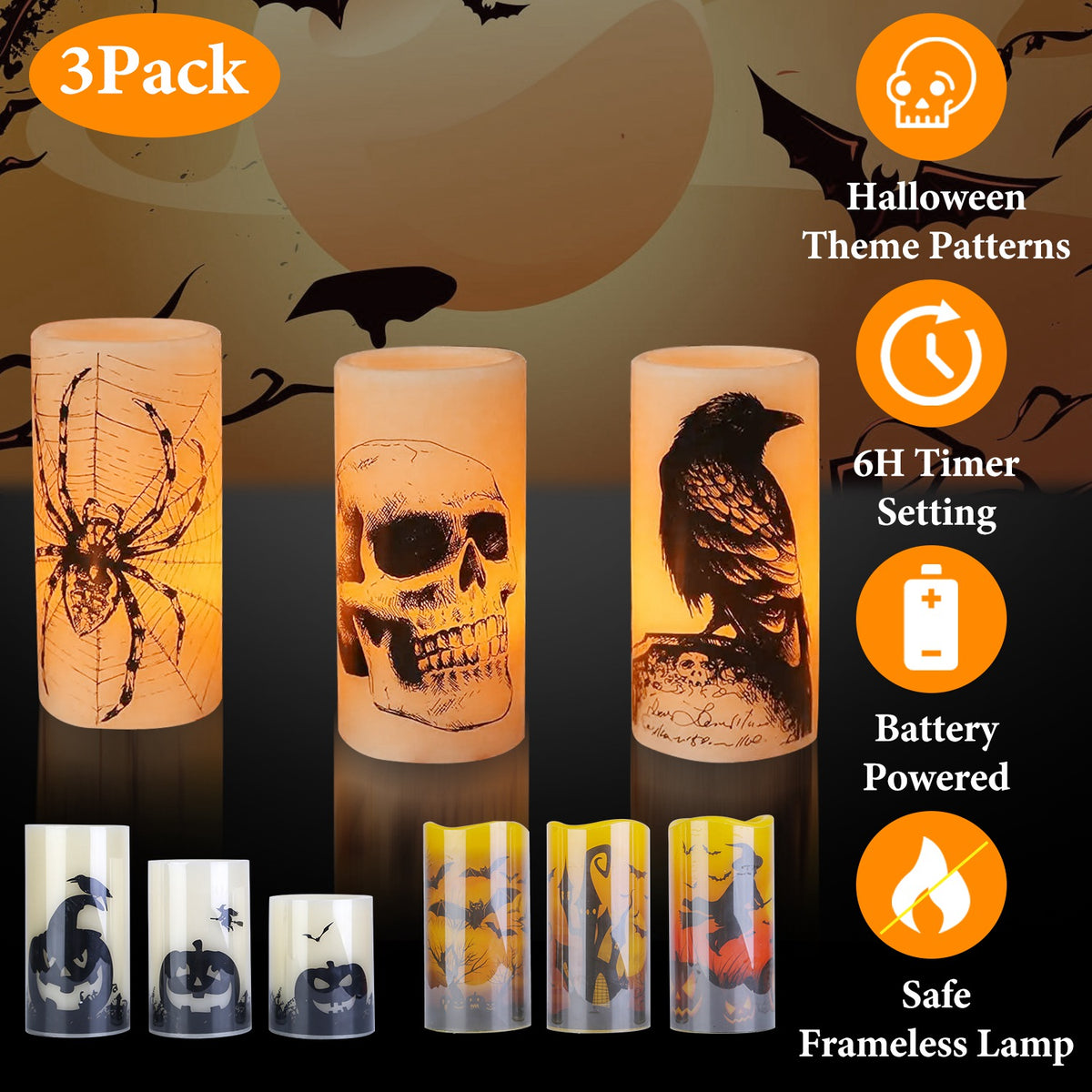 Flameless Halloween Candle Lamps 3-Pack with Timer, Warm Ora - view 8