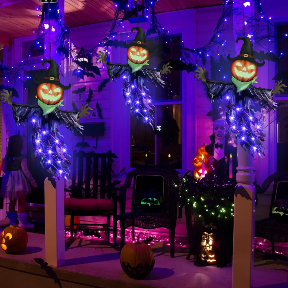 Solar Hanging Pumpkin Lantern with Glowing Eyes, Purple Meta - view 8
