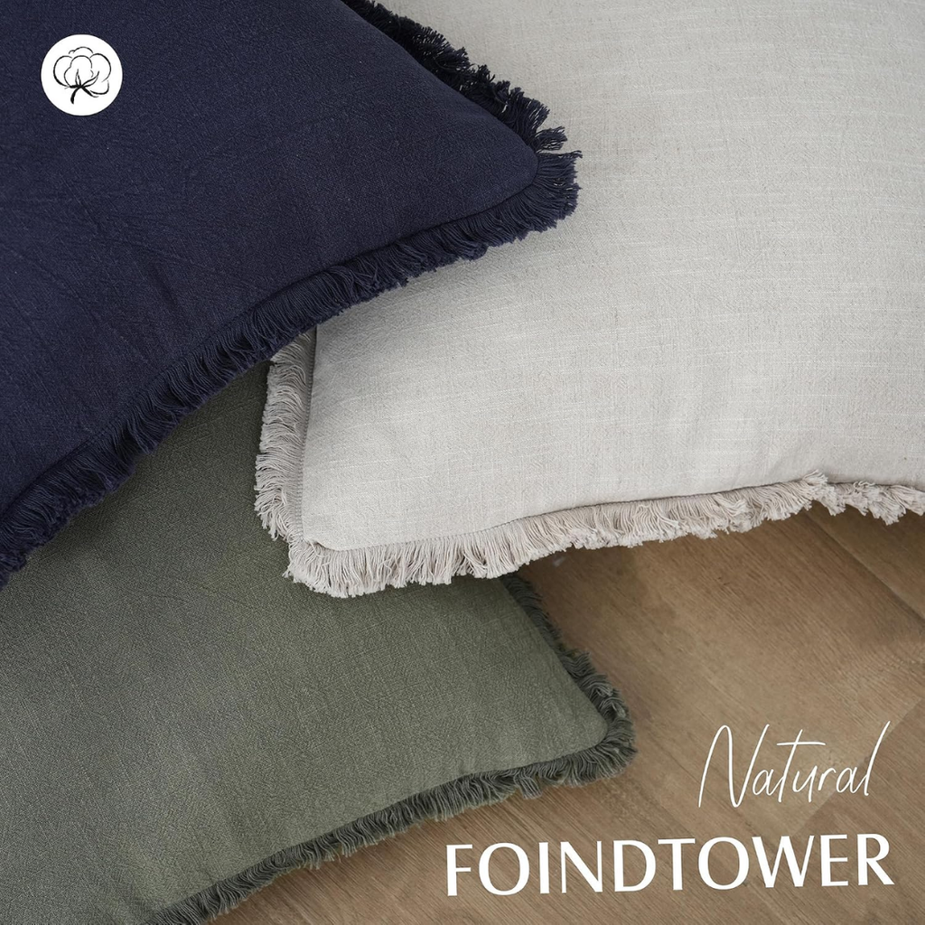 Linen Fringe Throw Pillow Cover 18x18 in, Olive Green Accent - view 4